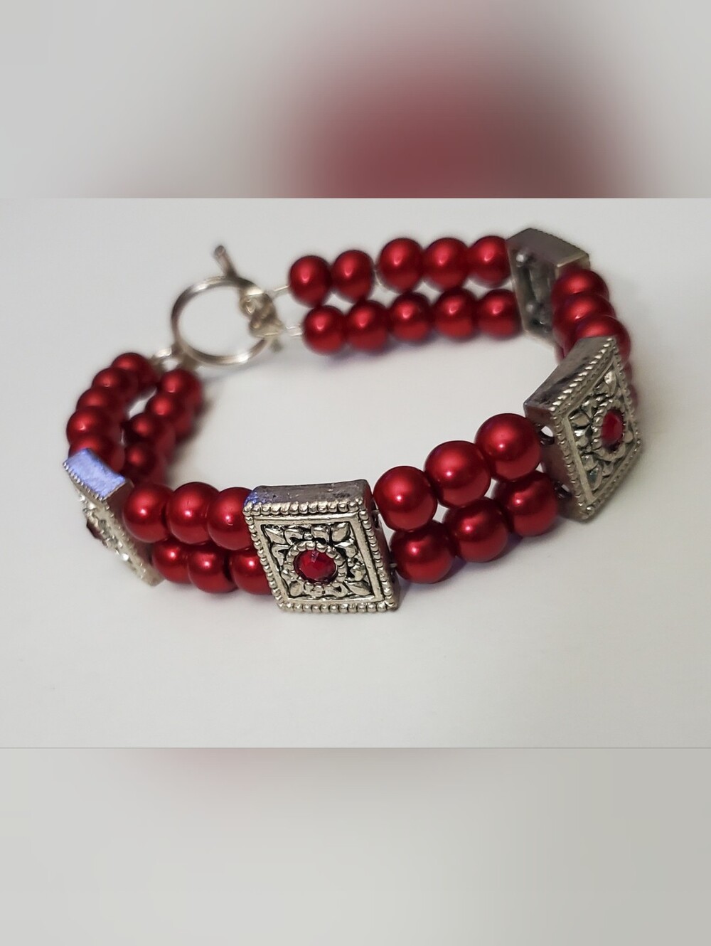 Red Bead Bracelet And Faceted Red Bead Earrings**Small 6 1/2"